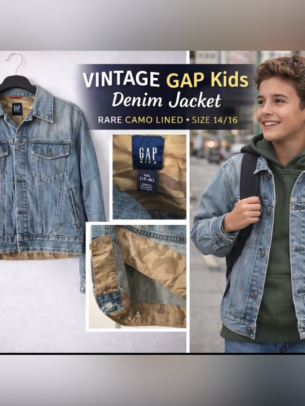 Vintage GAP Kids Light Blue Denim Jacket with neutral Camo lining Sz 14/16